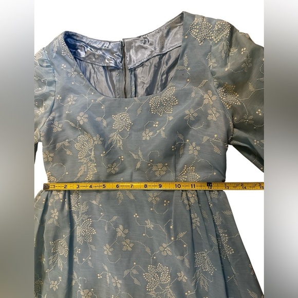 VTG 60s Handmade Blue/White Raised Design Women’s Lantern Sleeve Empire Waist XS - Picture 12 of 14